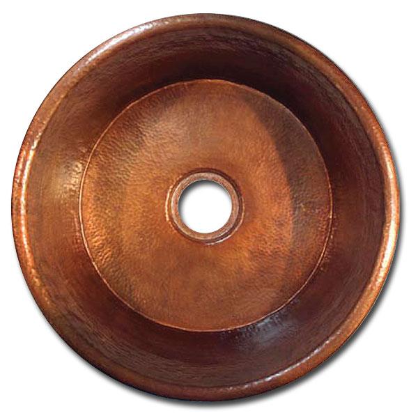 Linkasink Bathroom Sinks - Copper - C016A WC Small Flat Round Copper Sink - 16" x 7" with 1.5" Drain Opening - Weathered Copper - Click Image to Close